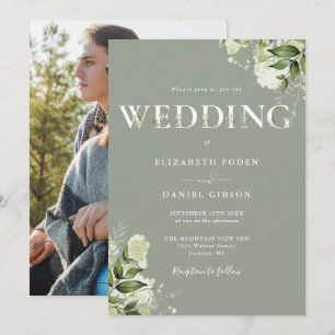 Grüne Typografie Foto Salbeigrüne Hochzeit Einladung