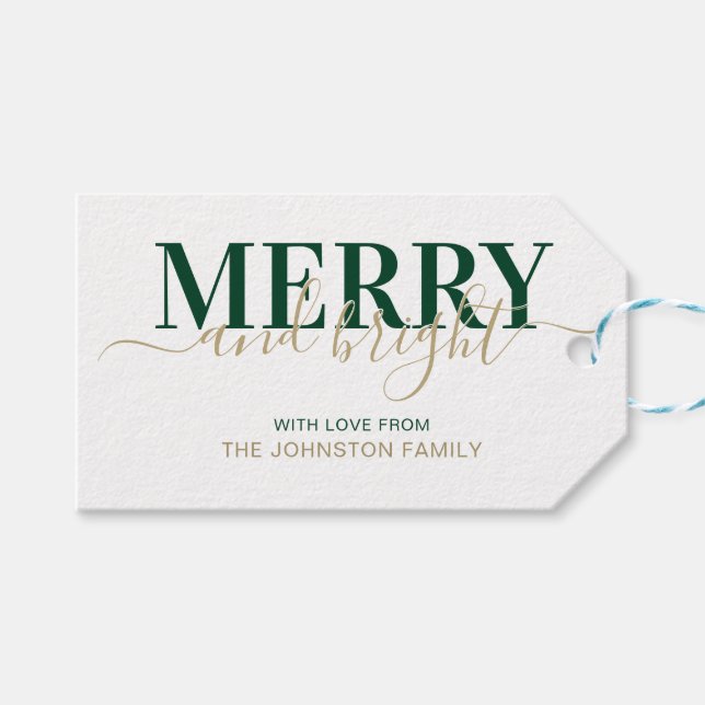 Grüne Typografie froh und hell Weihnachten Geschenkanhänger (Vorderseite (Horizontal))