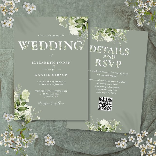 Grüne Typografie QR Code Sage Green Wedding Einladung (Greenery Typography QR Code Sage Green Wedding Invitation)