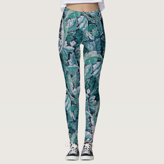 Grüne und Aquamarine Morris-Blätter Leggings (Vorderseite)