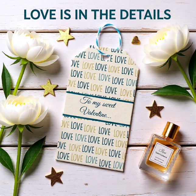 Grüne und beige liebende Herzen Geschenkanhänger (Elegant Teal & Gold Love Pattern Valentine’s Gift Tags)