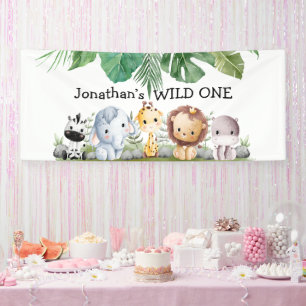 Grüne und beige Safari Wild Eins Geburtstag Banner