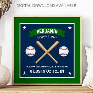 Grüne und blaue Baseballschläger und Bälle Geburts Poster