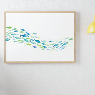 Grüne und blaue Schule für Fischwasser Poster