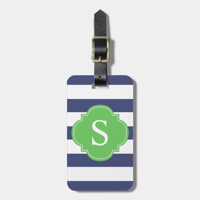 Grüne und blaue Streifen Mit Monogramm Gepäckanhänger (Vorderseite vertikal)