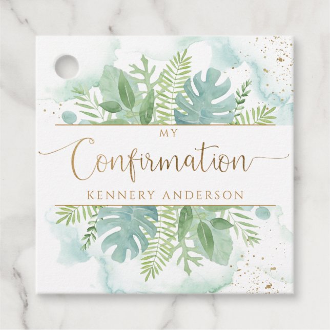 Grüne und blaugrüne Wasserfarbe bestätigen Geschenkanhänger (Vorderseite)