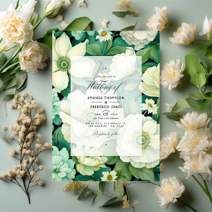 Grüne und elfenbeinfarbene Hochzeit mit Blumen Einladung