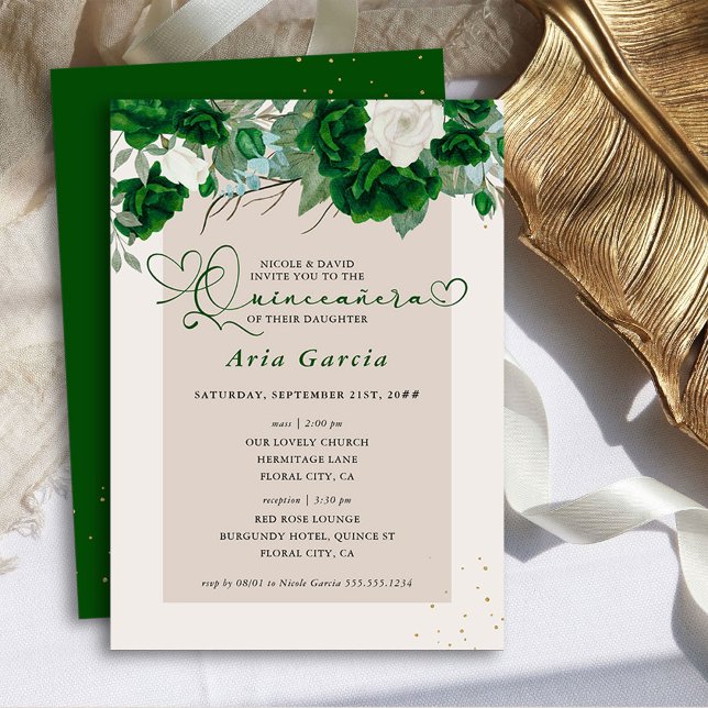 Grüne und Elfenbeinflora Rose Quinceanera und Mass Einladung (Quinceanera + Mass Invitation - Royal Rose Emerald Green Quinceanera Collection by Darling & May)