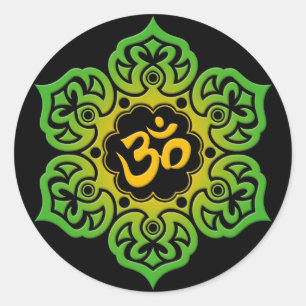 Grüne und gelbe Lotos-Blume OM auf Schwarzem Runder Aufkleber