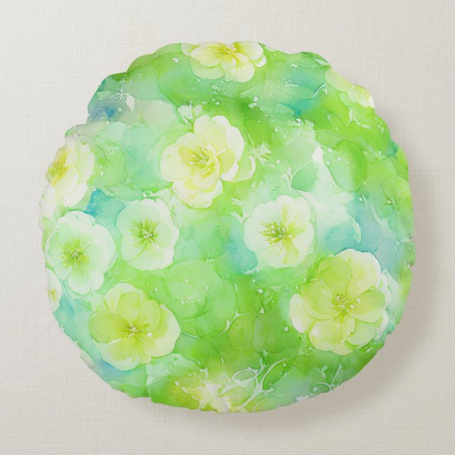 Grüne und gelbe weiche Wasserfarbe Blumenkissen Rundes Kissen (Vorderseite)