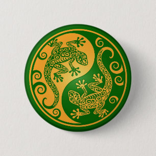 Grüne und gelbe Yin Yang Geckos Button