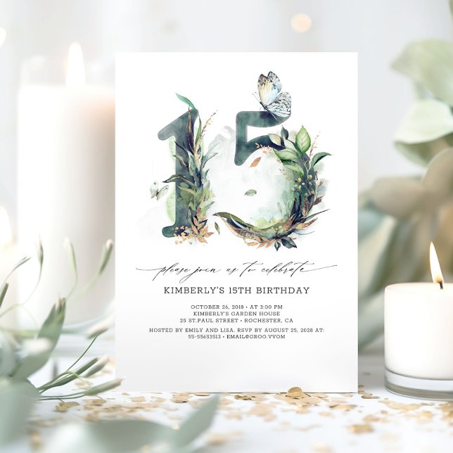 Grüne und Gold 15. Geburtstag Einladung (Greenery 15th Birthday Invitations )