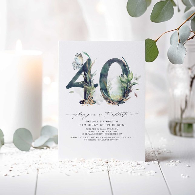 Grüne und Gold 40. Geburtstag Einladung (Greenery 40th Birthday Invitations)
