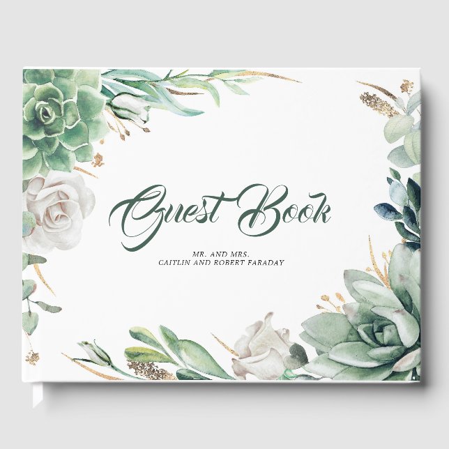 Grüne und Gold Elegante Botanische Hochzeit Gästebuch (Vorderseite)