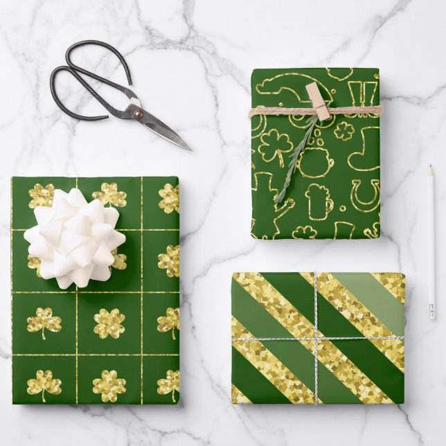 GRÜNE UND GOLD GLITZER SEHEN IRISH-KLEEBLÄTTER GESCHENKPAPIER SET (Vorderseite)