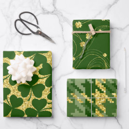 GRÜNE UND GOLD GLITZER SEHEN IRISH-KLEEBLÄTTER GESCHENKPAPIER SET