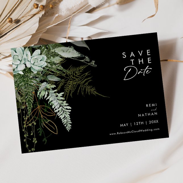 Grüne und Gold Leaf Script Black Horizontal Save The Date (Von Creator hochgeladen)