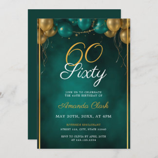 Grüne und goldene Balloons mit Rahmen 60. Geburtst Einladung