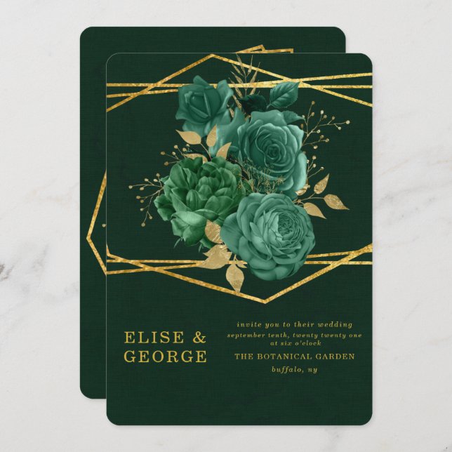 Grüne und goldene, einzigartige geometrische Hochz Einladung (Vorne/Hinten)