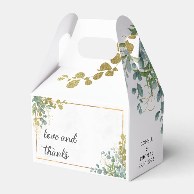 Grüne und goldene Eukalyptus-Aquarellfarbe Geschenkschachtel (Vorderseite)