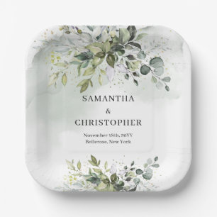 Grüne und goldene Eukalyptusblätterchic Pappteller