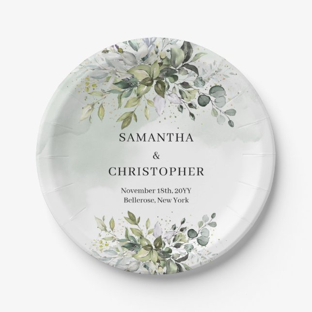 Grüne und goldene Eukalyptusblätterchic Pappteller (Vorderseite)