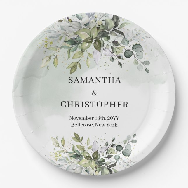 Grüne und goldene Eukalyptusblätterchic Pappteller (Vorderseite)