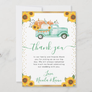 Grüne und goldene florale Kürbislaster-Hochzeit im Dankeskarte