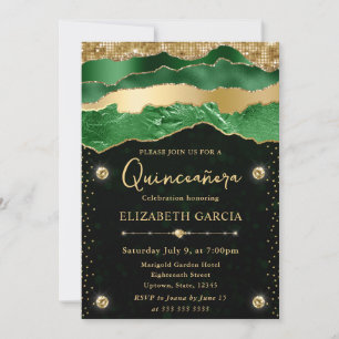 Grüne und goldene glamouröse Tränen Bokeh Quincean Einladung