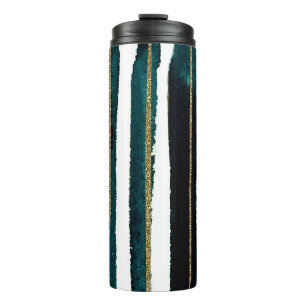 Grüne und goldene Glitzerstreifen-Tasse Thermosbecher