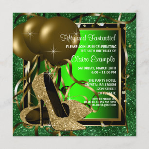 Grüne und goldene High Heels Frauen Geburtstagspar Einladung