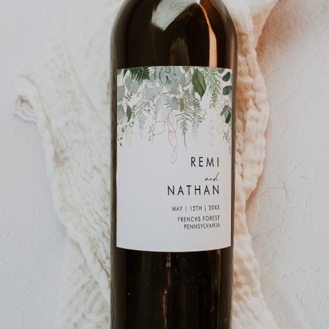 Grüne und goldene Leaf Hochzeitswein Weinetikett (Von Creator hochgeladen)