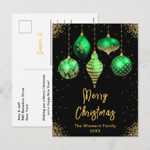 Grüne und goldene Ornamente Frohe Weihnachten