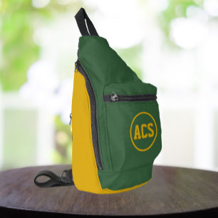 Grüne und goldene Schulfarben und Buchstaben Crossbody Bag