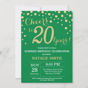 Grüne und goldene Überraschung zum 20. Geburtstag  Einladung