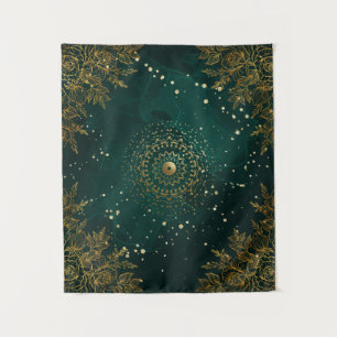 Grüne und goldene, verzierte florale Schnörkel Wandteppich
