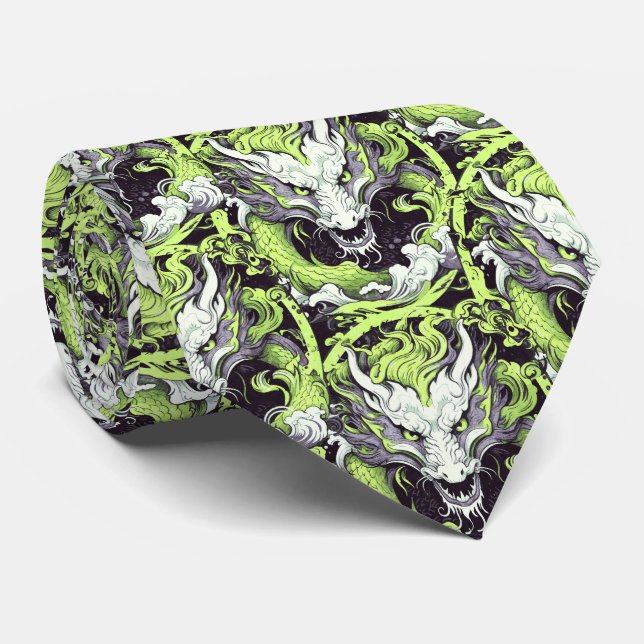 Grüne und graue asiatische Drachen Krawatte (Gerollt)