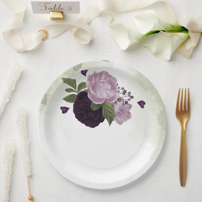 Grüne und helle violette Blumen Pappteller (Hochzeit)