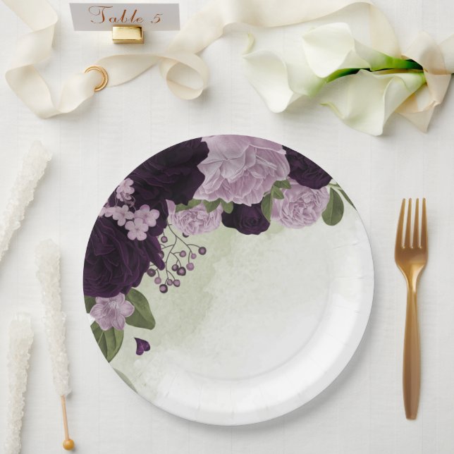 Grüne und helle violette Blumen Pappteller (Hochzeit)