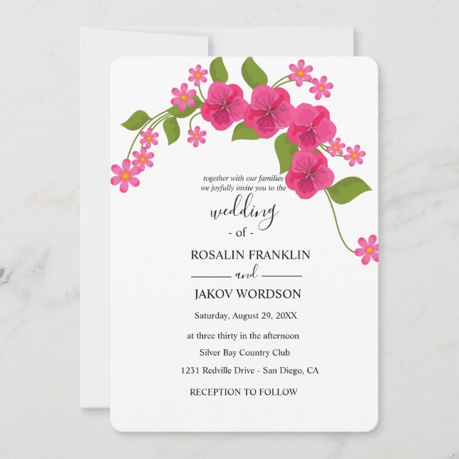 grüne und hellmagenta florale Hochzeit Einladung (Vorderseite)