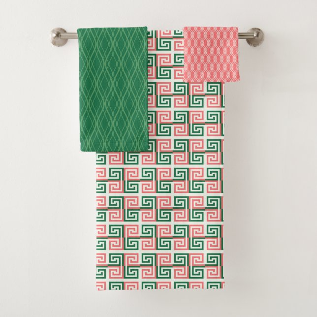 GRÜNE UND KORALE PATTERN & STREIFEN BADHANDTUCH SET (Insitu)