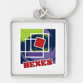 Grüne und Lila Abstrakte Quadrate mit Hexentext Schlüsselanhänger
