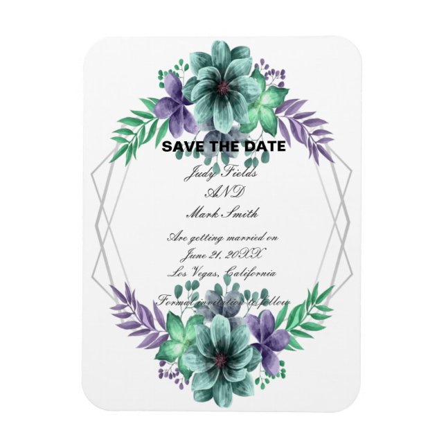 Grüne und Lila Aquarellblume Save the Date Magnet (Vertikal)