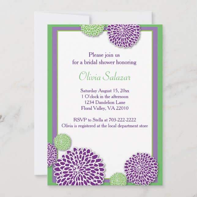 Grüne und lila Blume Brautdusche Einladung (Vorderseite)