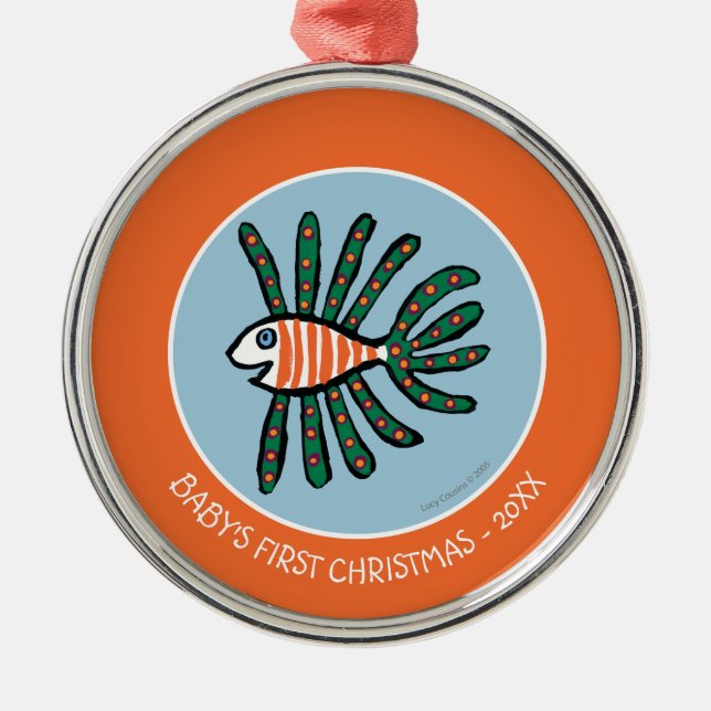 Grüne und orange Doppelflossen-Fische Ornament Aus Metall (Vorne)