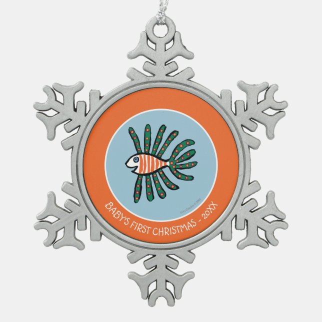 Grüne und orange Doppelflossen-Fische Schneeflocken Zinn-Ornament (Vorderseite)