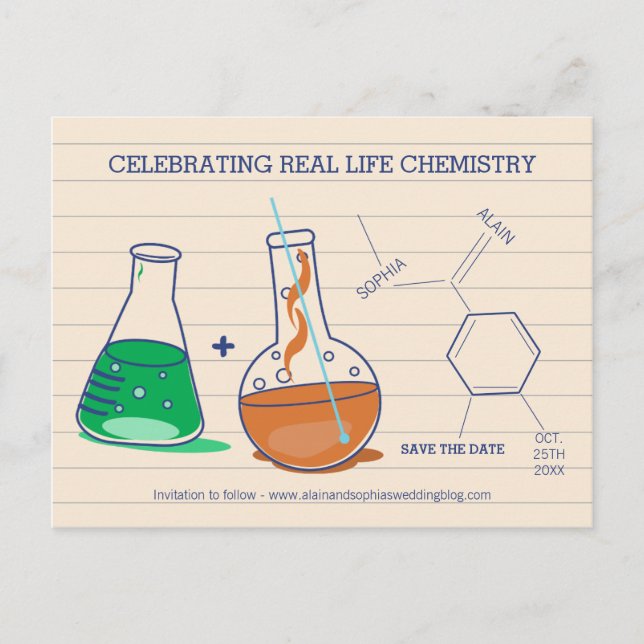 Grüne und Orange Save the Date Chemie Postkarten (Vorderseite)