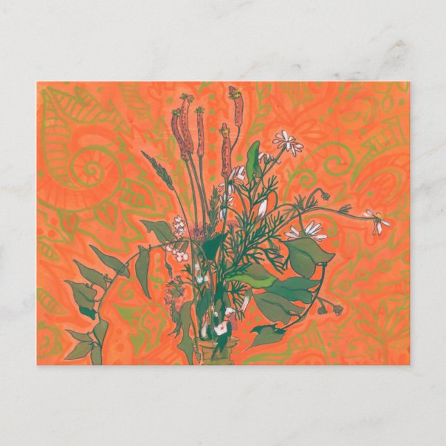 Grüne und orangefarbene Sommer-Wildblumen Blumenbe Postkarte (Vorderseite)