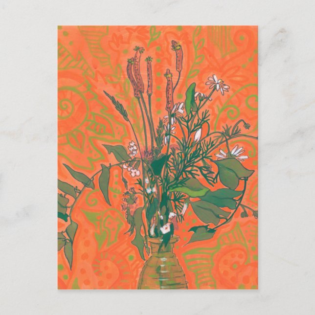 Grüne und orangefarbene Sommer-Wildblumen Blumenbe Postkarte (Vorderseite)