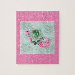 Grüne und rosa antike Teetasse und Rosen Puzzle